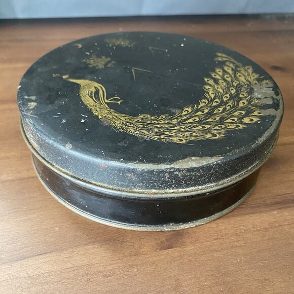 Vintage 1920-30s Round Tindeco Metal Tin Gold Peacock on Black 6” - Picture 3 of 14